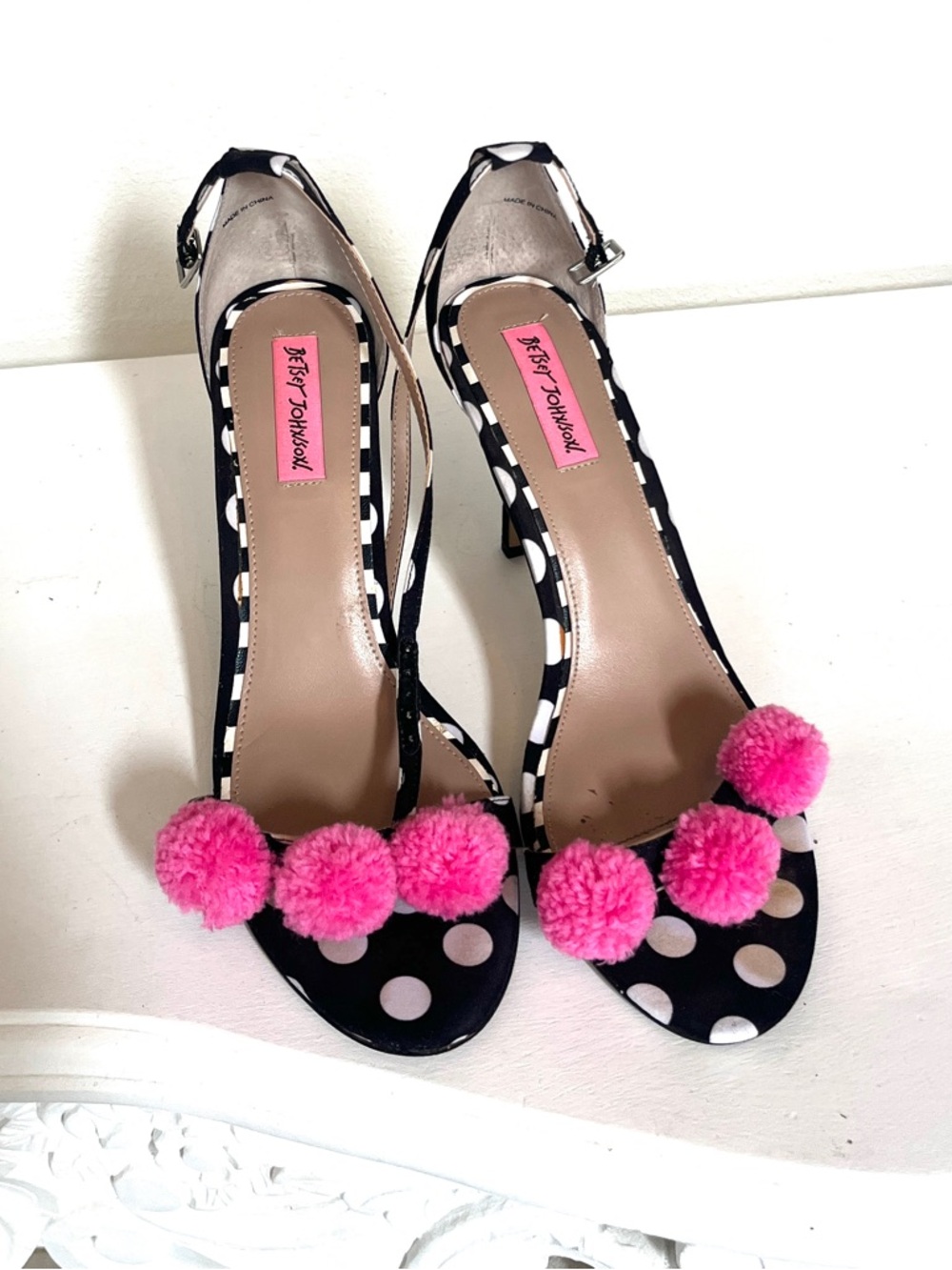 Betsey Johnson Black & White Polka Dot Slingback Heels with Hot Pink Pom-Poms